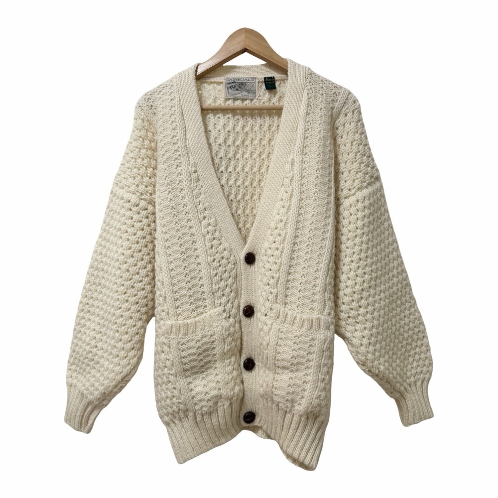 Donegal Irish Mens Chunky Knit V Neck Cardigan Size L Cream Fisherman Heritage